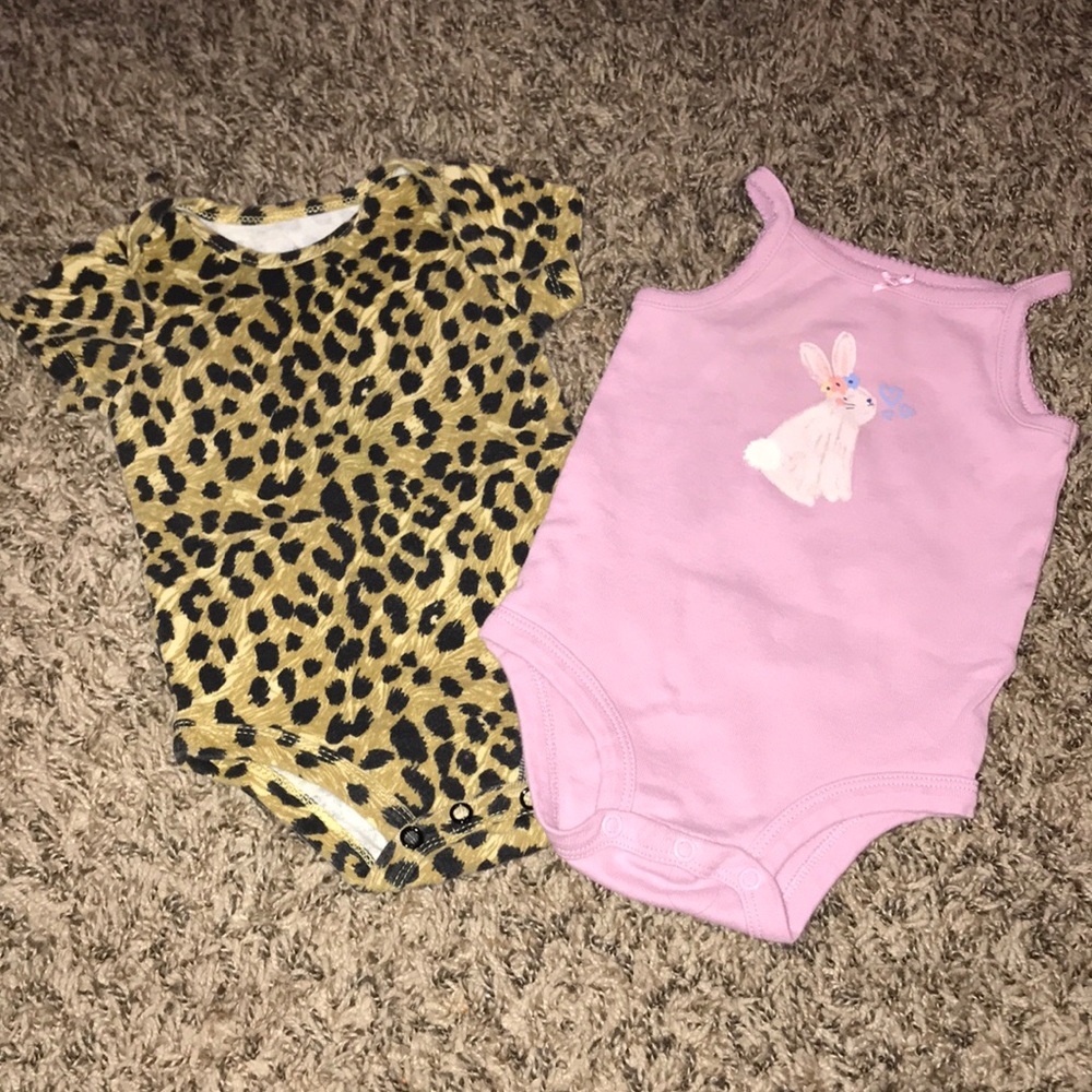 Two onesies One is a leopard other is a bunny size 9 months